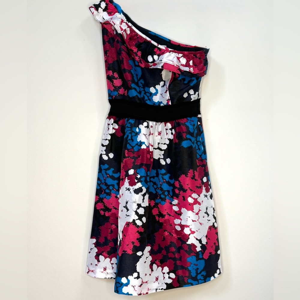 KENSIE One Shoulder Ruffle Dress Size 2 Black Pink Blue Floral Lined